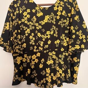 Who What Wear Black Blouse with Yellow Floral Print Peplum